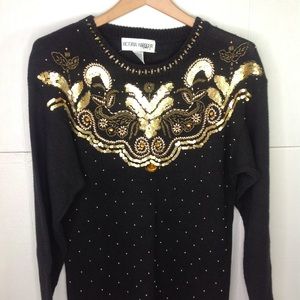 1990's Black Gold  Sequin Sweater Beaded Knit Long